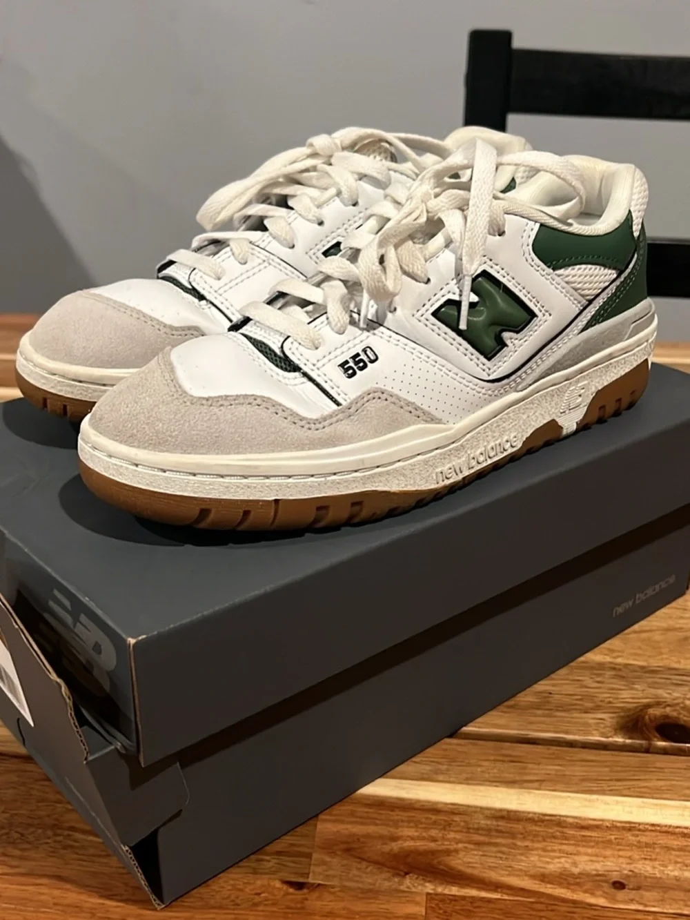 New Balance 550 White with Green & Gum Sole Sneakers